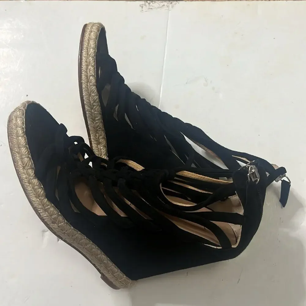 JEAN MICHEL CAZABAT ESPADRILLES WEDGE PLATFORM BLACK‎ SUEDE SHOES SIZE 38 1/2